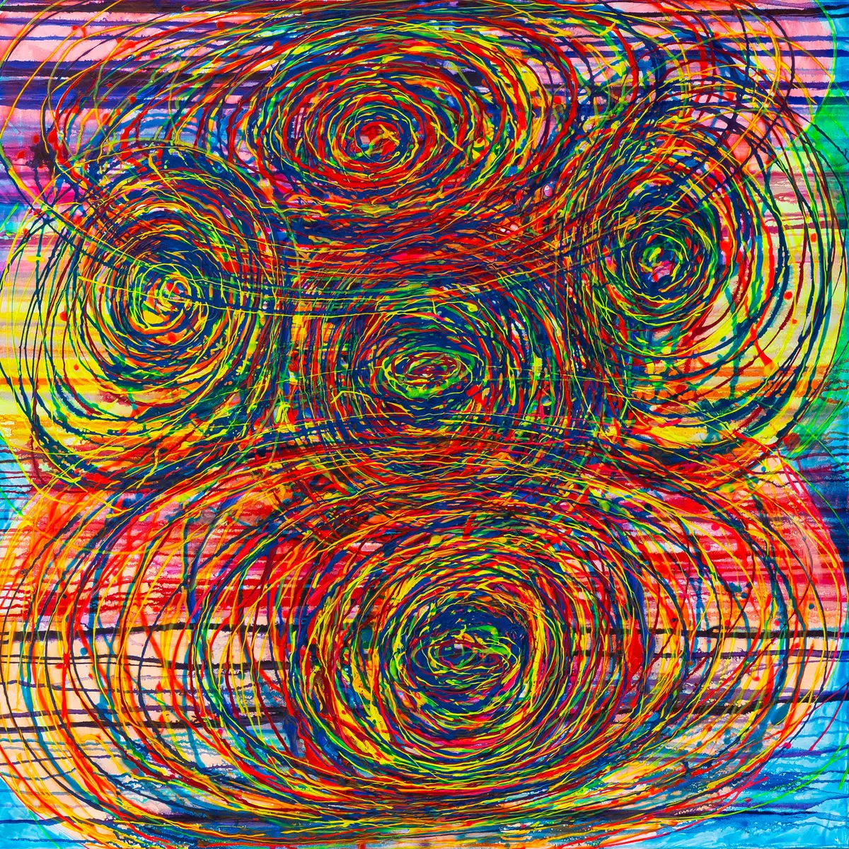 Square painting made of many spirals of colour running into one another in red, blue, yellow and green