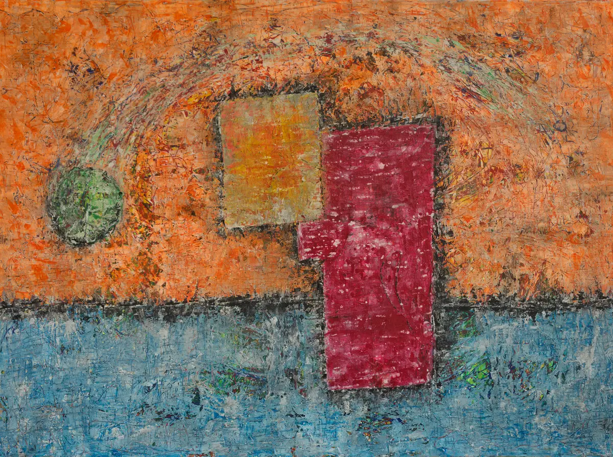 Orange painting with a blue-grey band along the bottom edge, a small green oval at the left and an ochre and a wine-red rectangle in the centre