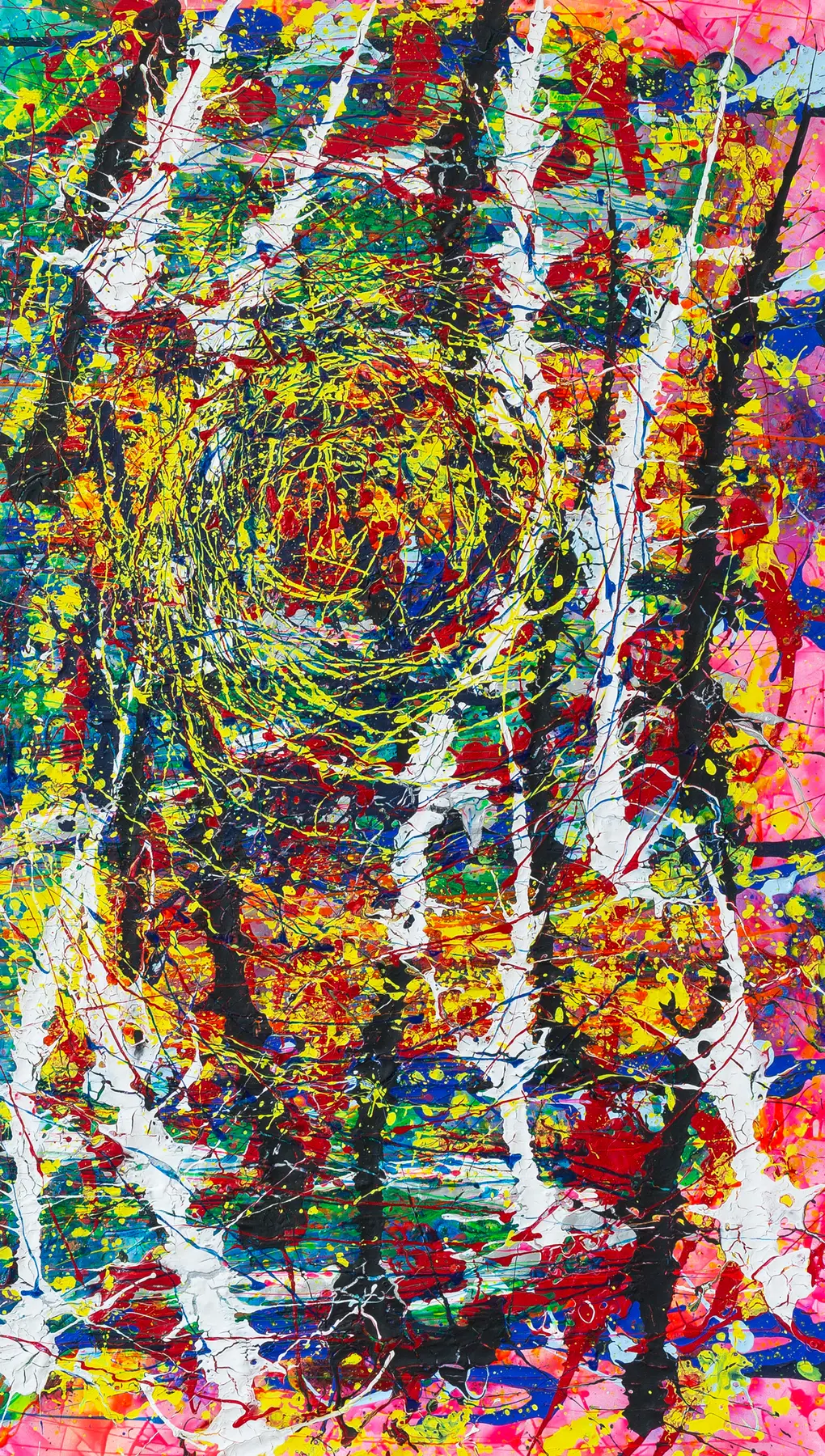 Narrow portrait format with vertical white bands over a dense, many-coloured swirl of paint