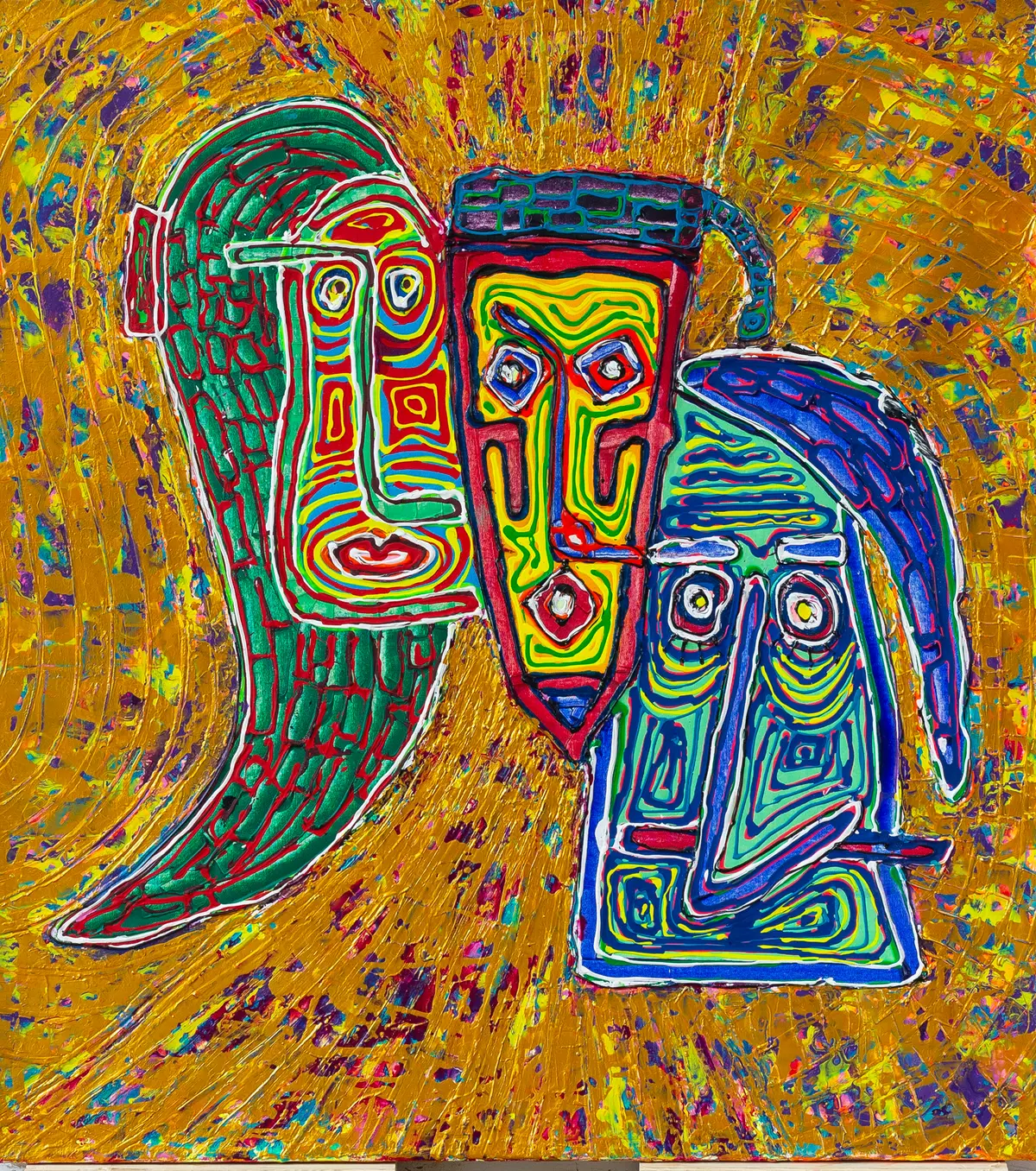 Three mask-like heads in green, red and blue with patterned outlines on a splattered ochre-yellow ground