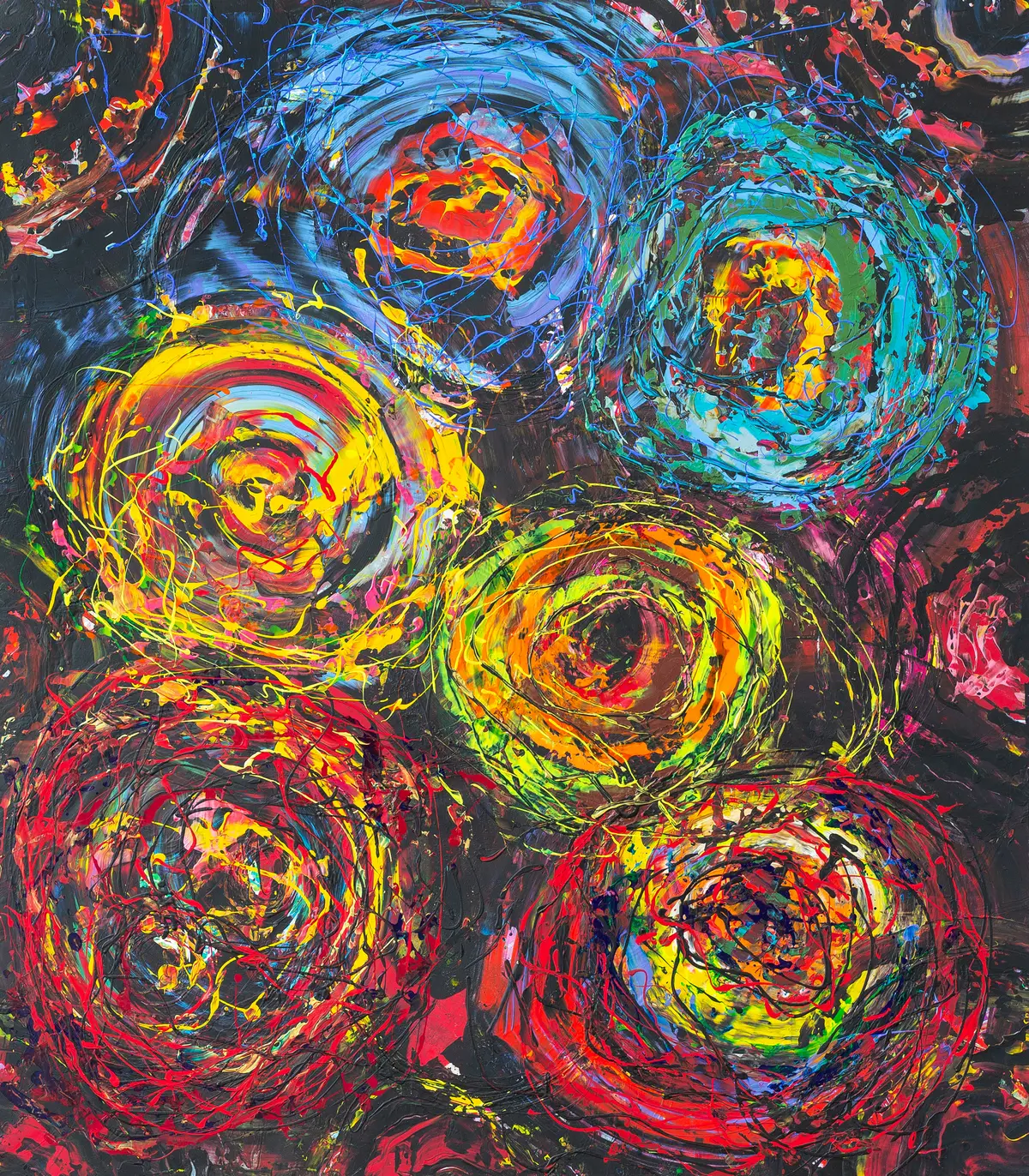 Dark painting with six circling swirls of colour in yellow, red and turquoise