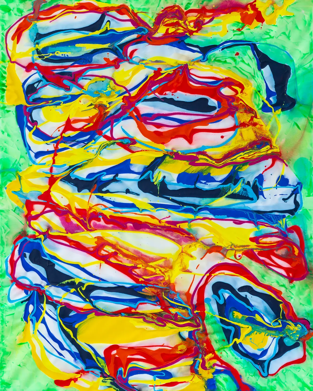 Horizontally layered bands of colour in blue, yellow, red and white, as if stirred into one another