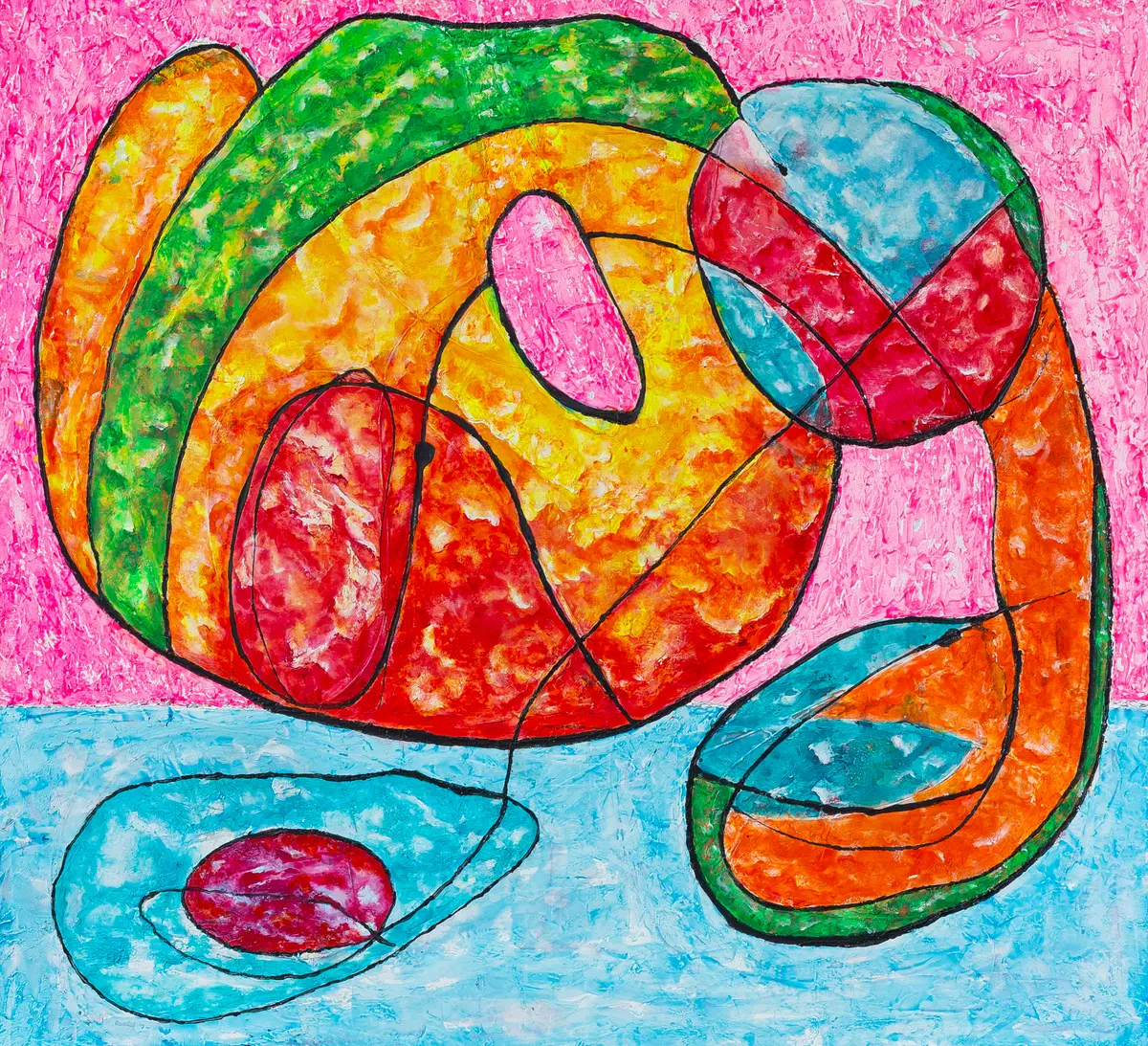 An orange and green looping form on a pink ground above a turquoise field