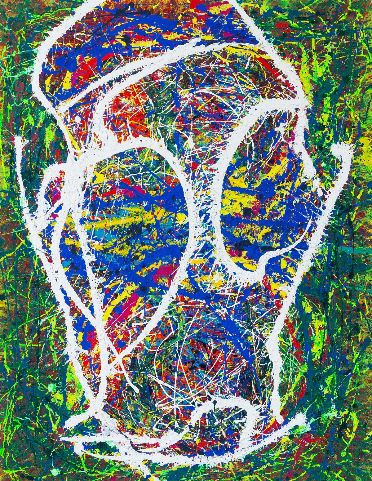 Portrait format: a head outlined in white above a dense weave of blue, red and yellow paint splatters