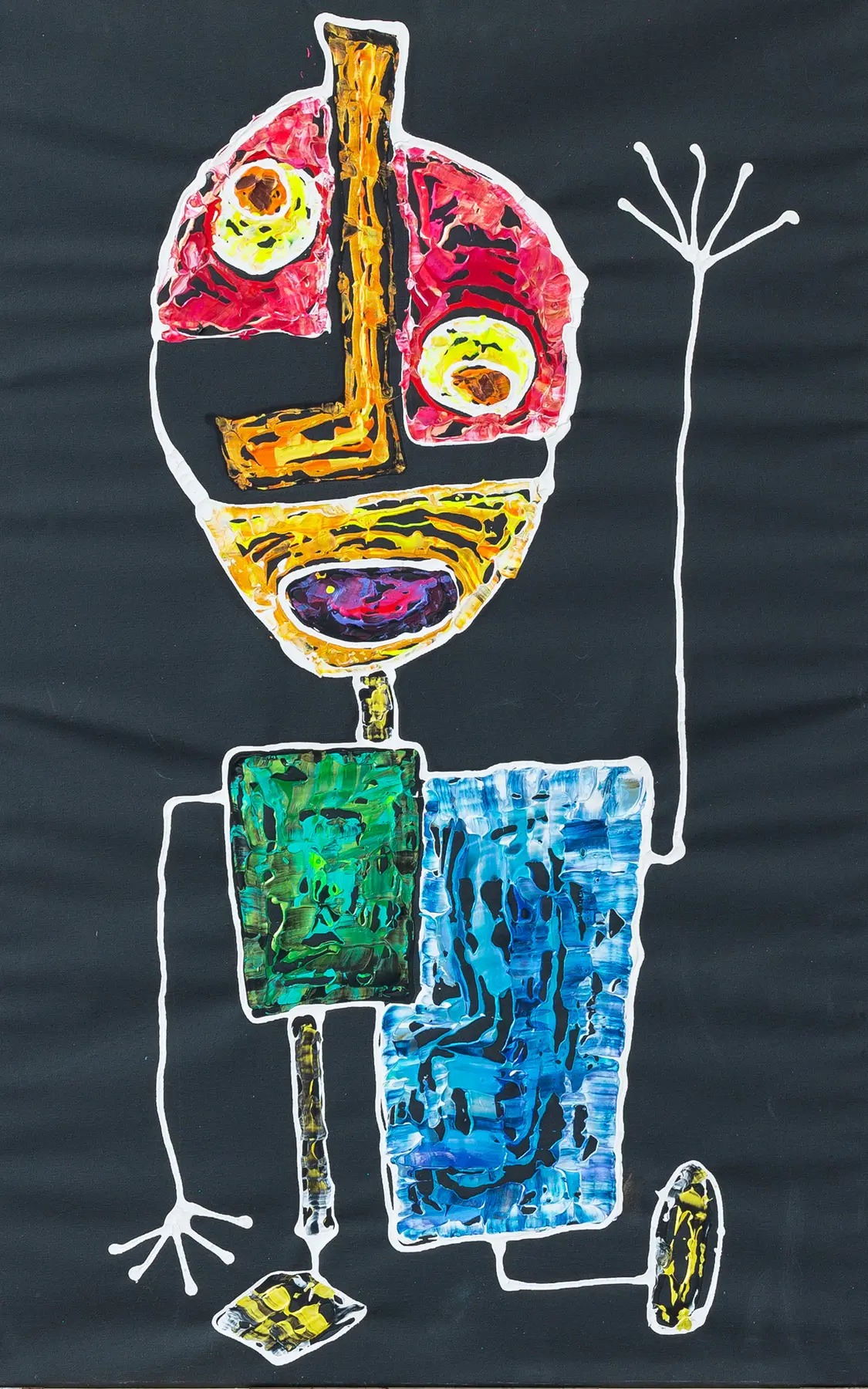 Narrow black canvas with a white-outlined figure made of a red head, yellow mouth and green-blue body