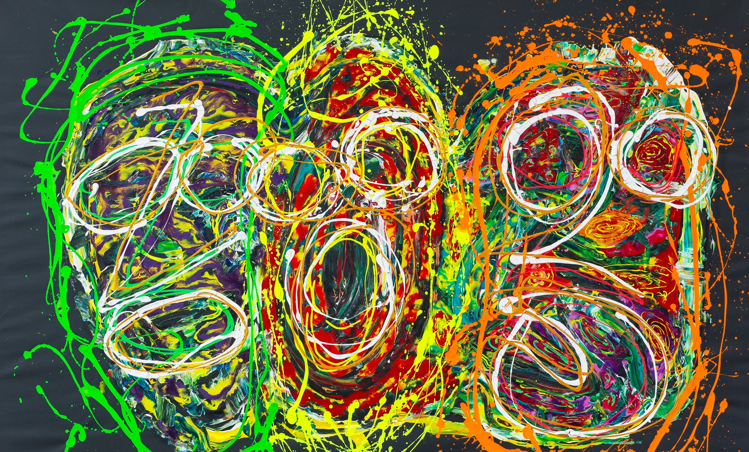 Abstract painting from the Freedom for Freaks series: three grimacing swirls of colour in green, red and orange with white looping lines on a dark ground