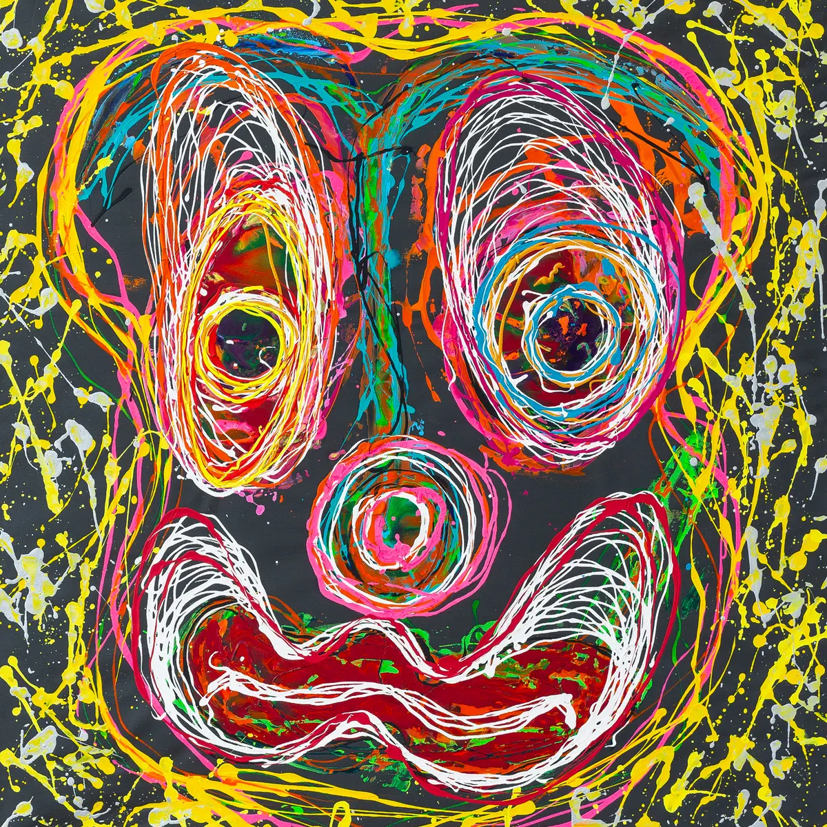 A clown face made of white, pink and orange looping lines with a red mouth on a black ground