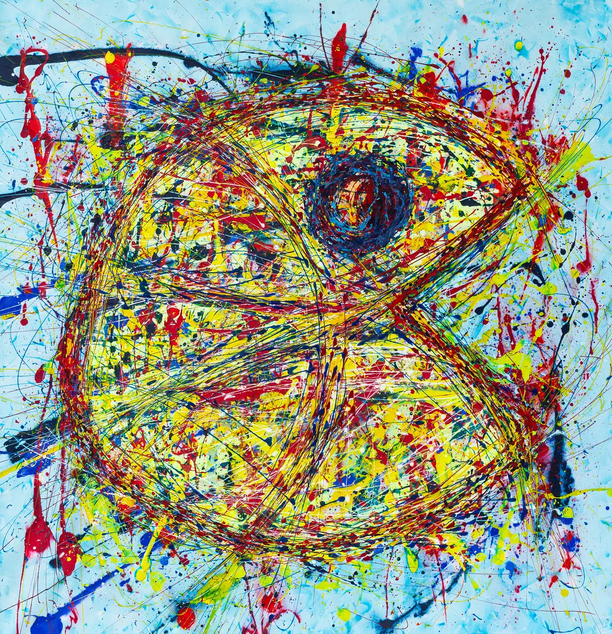 A yellow, circular Pac-Man figure built from dense webs of line on a pale blue ground with red paint splatters