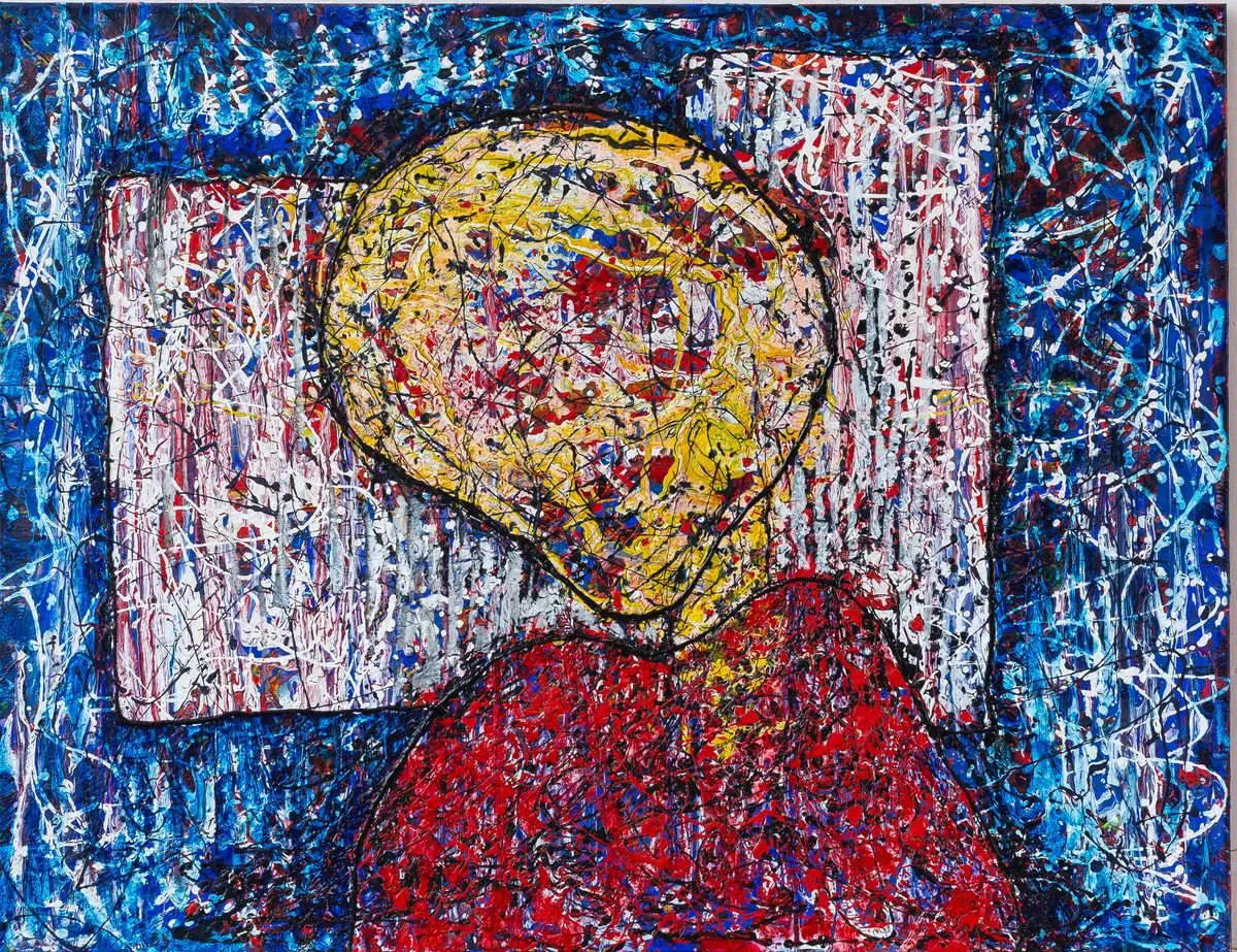 A head-like yellow form above a red field, set against a pale rectangle and a dense blue and white web of paint