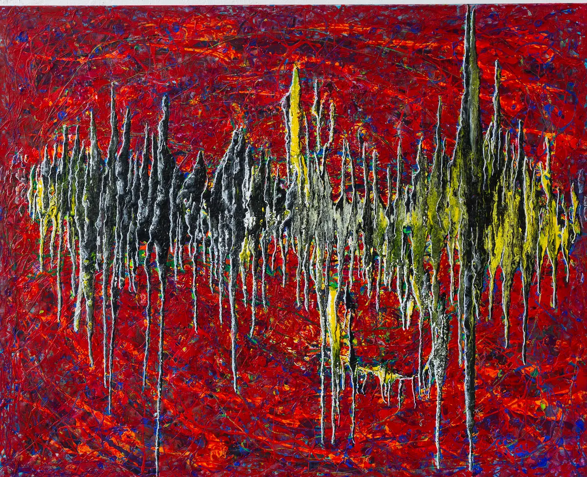 Deep red painting crossed by black, white and yellow jagged lines running downwards