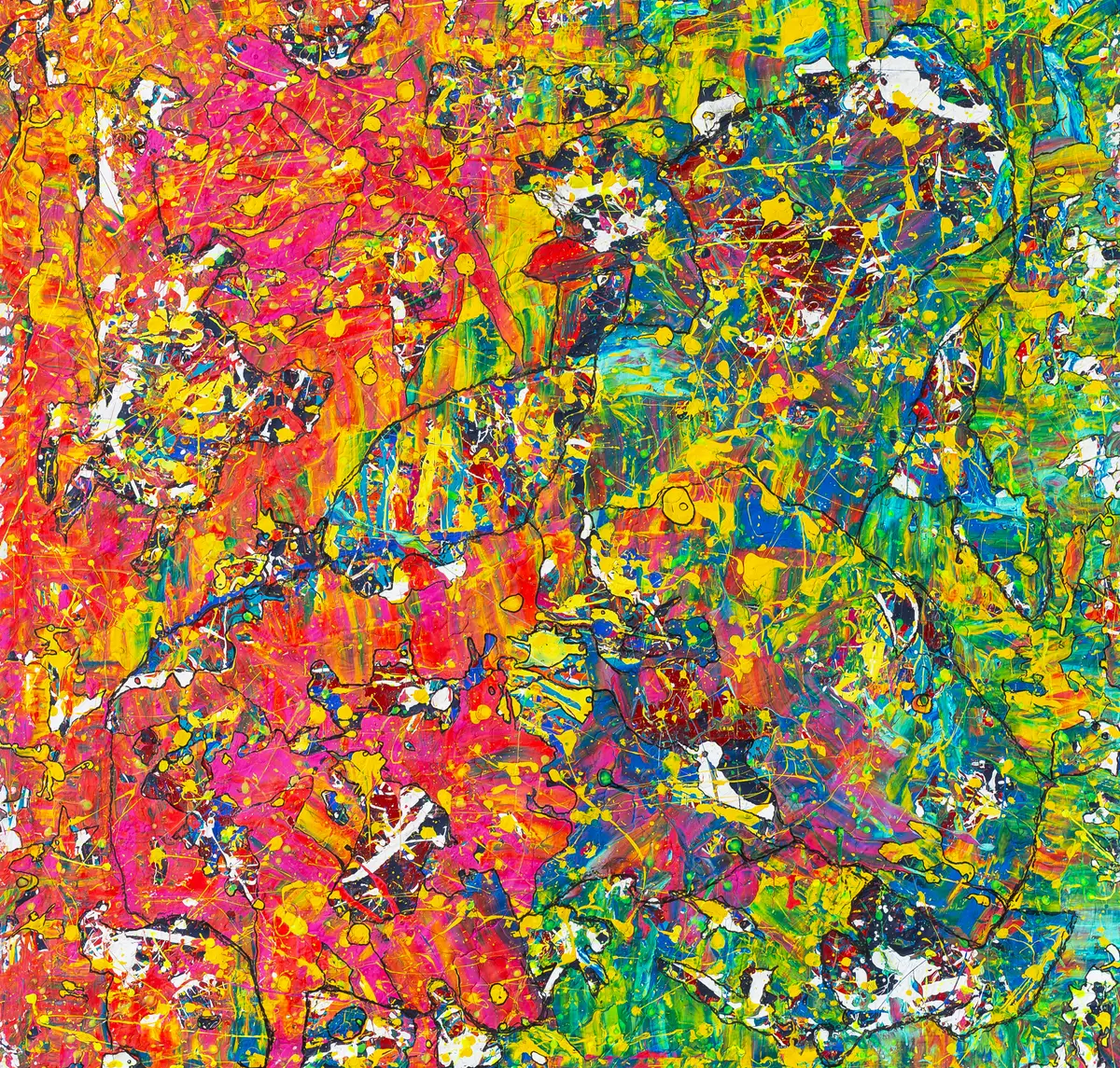 A dense, all-over web of colour in red, yellow, green and blue with white dabs of paint