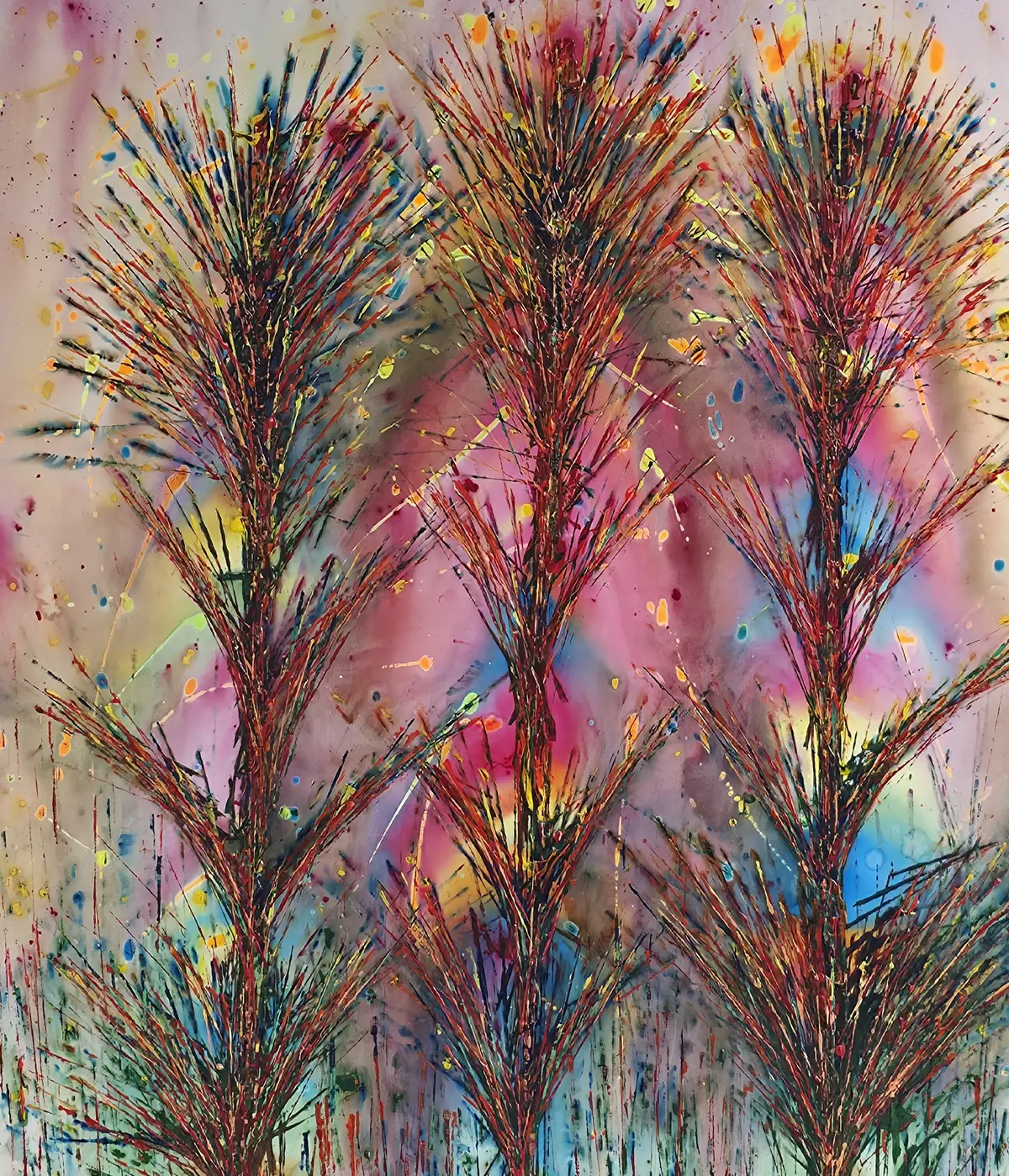 Three dense trees in rust red and brown on a pink and blue ground