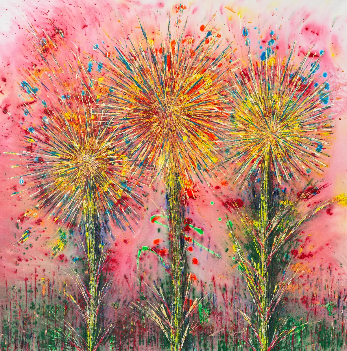 Three fanned-out trees in yellow and red on a pink ground with paint splatters