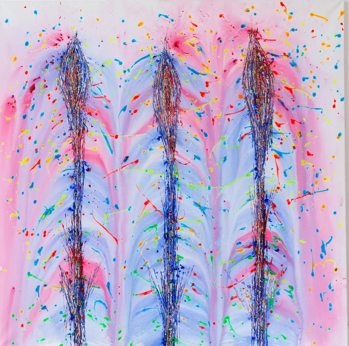 Three narrow, dark blue tree columns on a pale blue and pink ground with splashes of colour