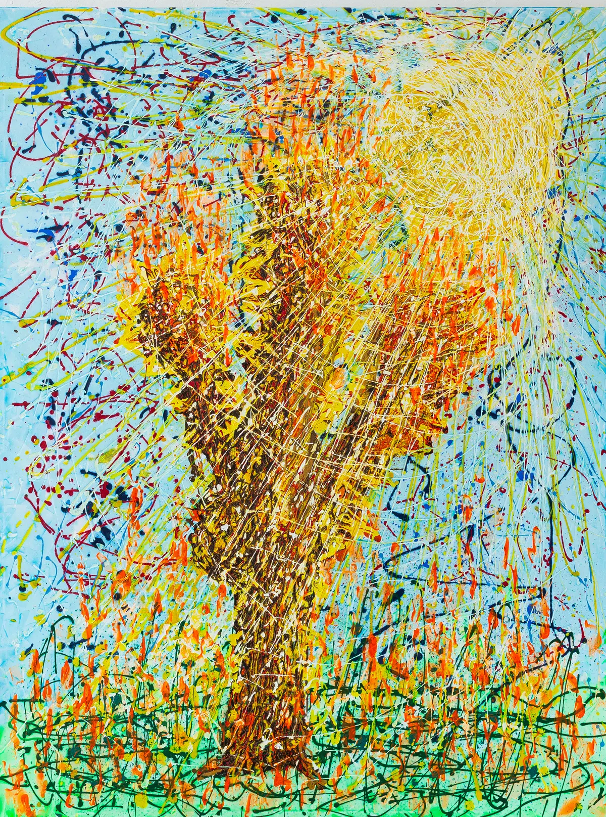 Portrait format: a flame-like orange and gold form rises on a pale blue ground out of a green strip along the bottom edge