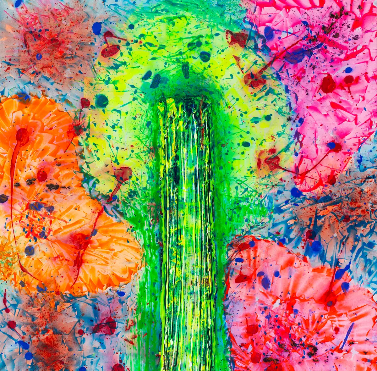 A neon green vertical form in the centre, flanked by orange and pink blossom shapes on a blue-turquoise ground