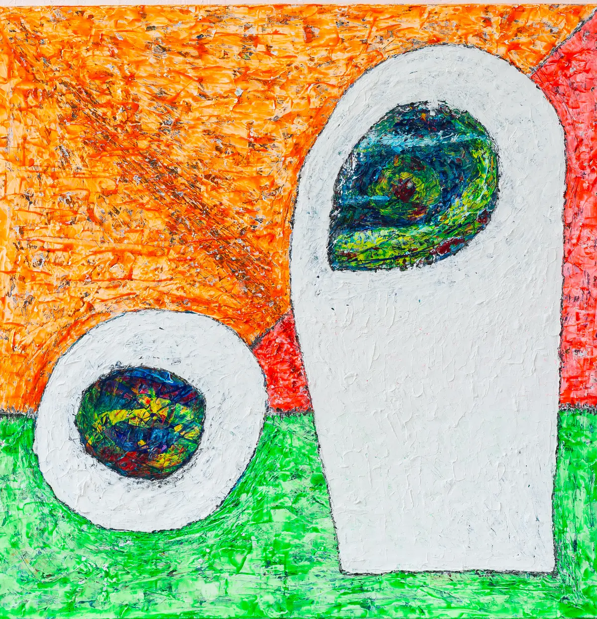 Two white egg- and drop-shaped fields with darkly patterned cores on an orange ground with a green band along the bottom edge