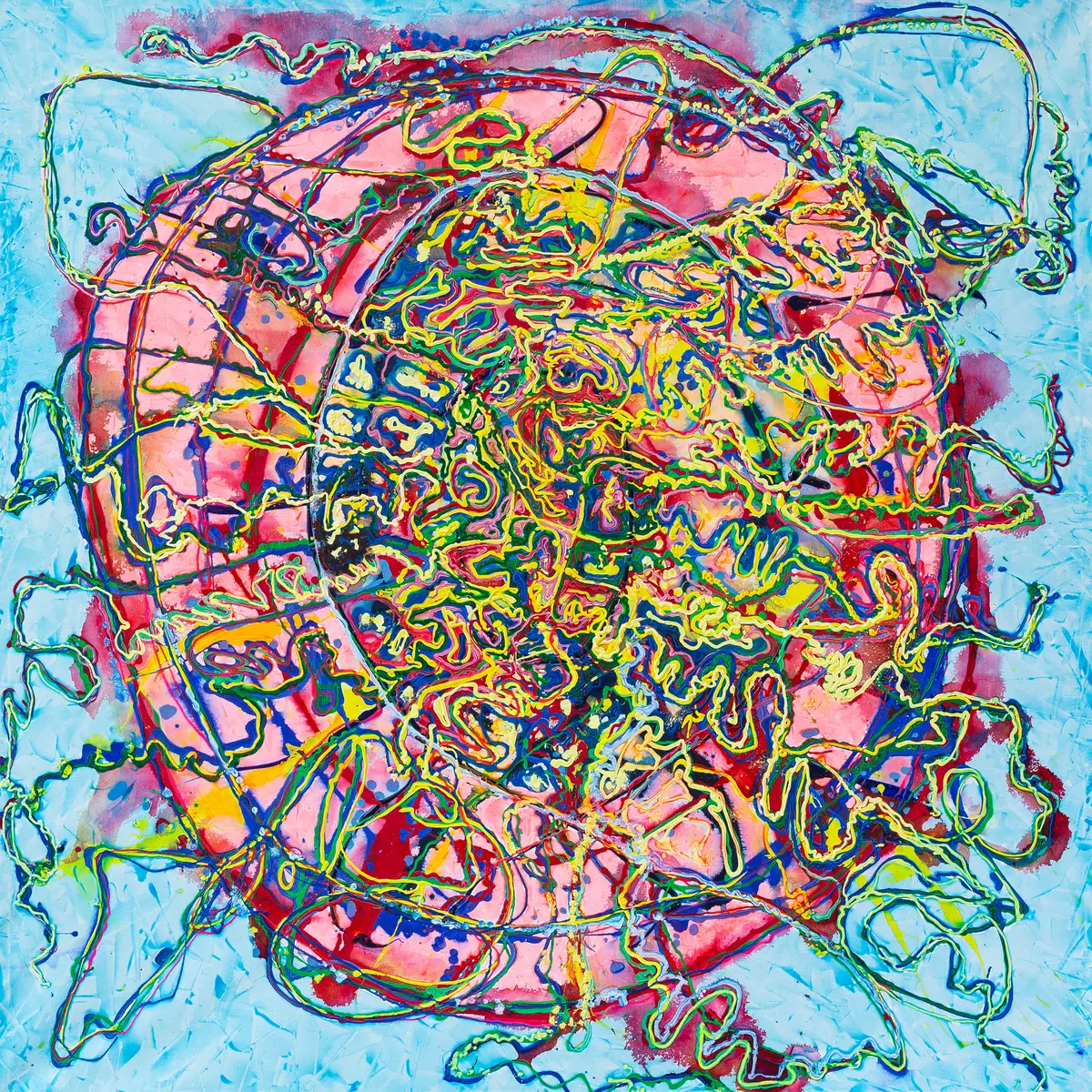 A round, dense tangle of colourful looping lines above a salmon-coloured field on a pale blue ground