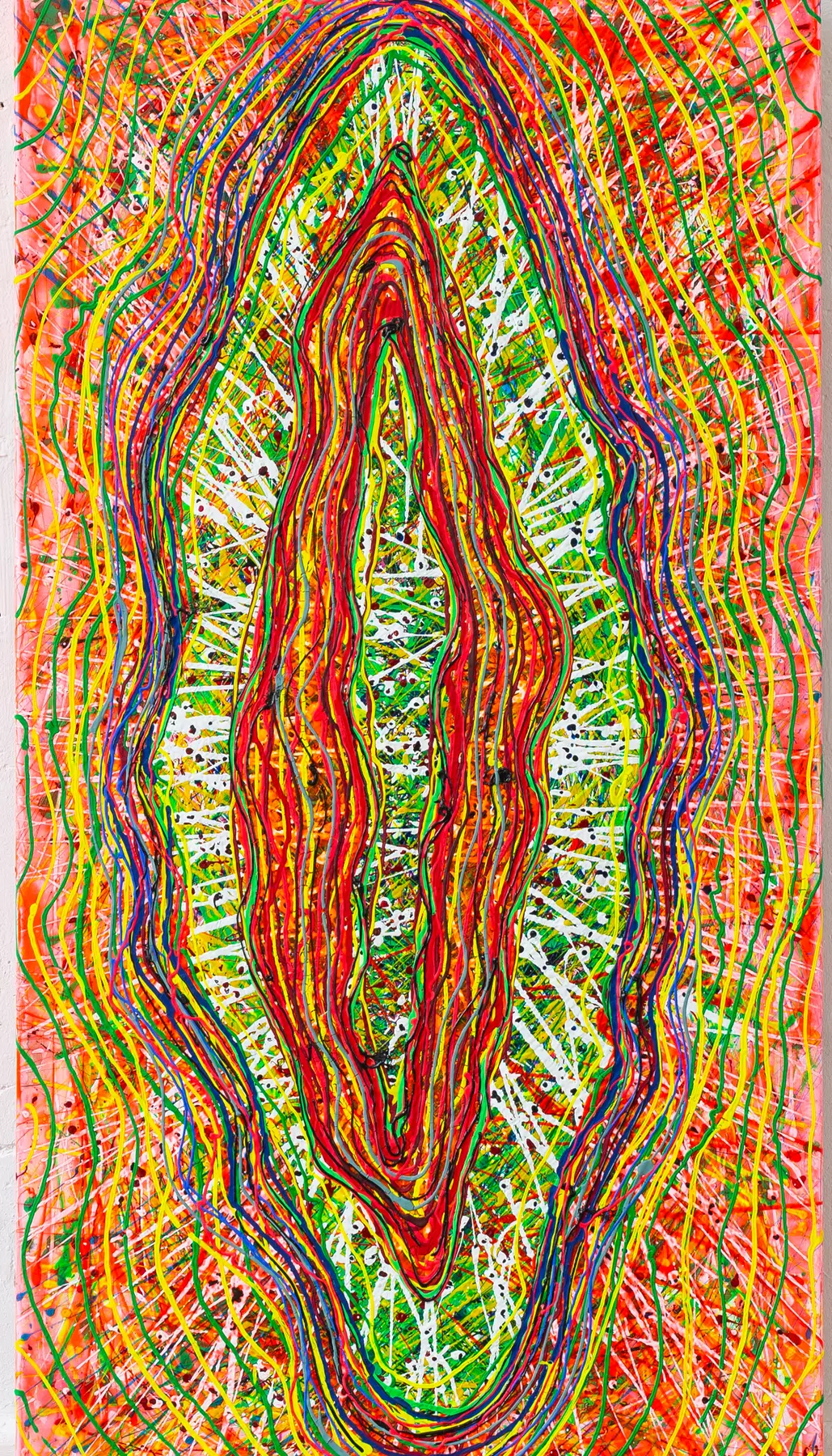 Portrait format with an almond-shaped, concentrically layered line form in red, green and yellow on an orange-red ground