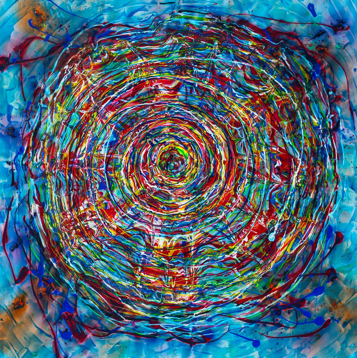A dense vortex of concentric rings in blue, red and yellow on a pale blue ground