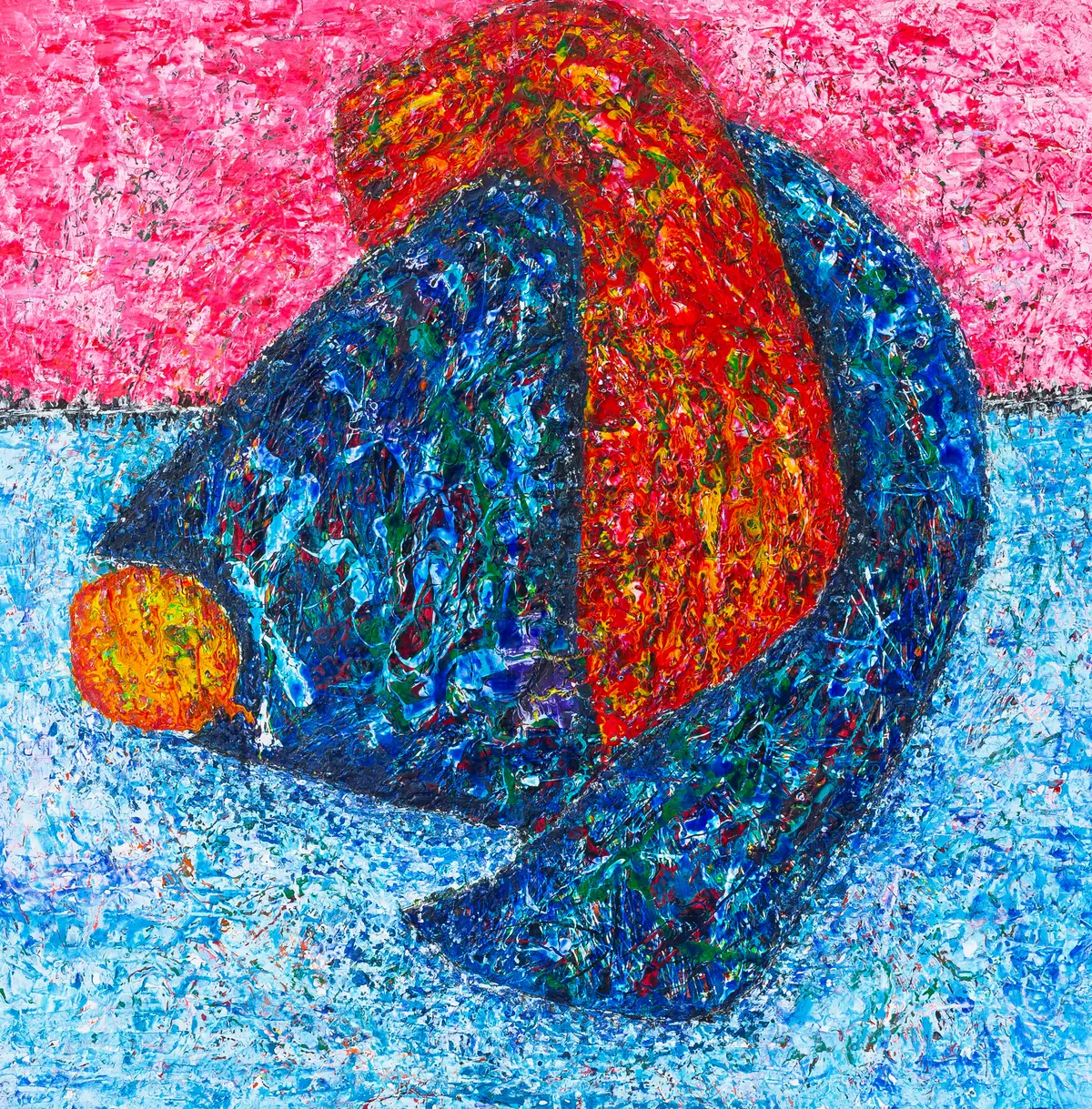 A red-orange arc and a dark blue, wing-like shape with an orange bulb on a pink and pale blue ground