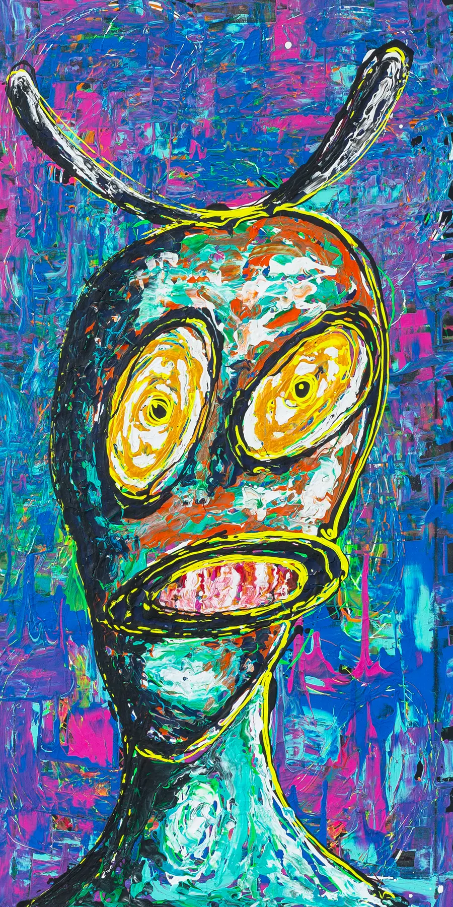 Narrow portrait format with a slender figure with large yellow eyes on a thickly painted blue and pink ground