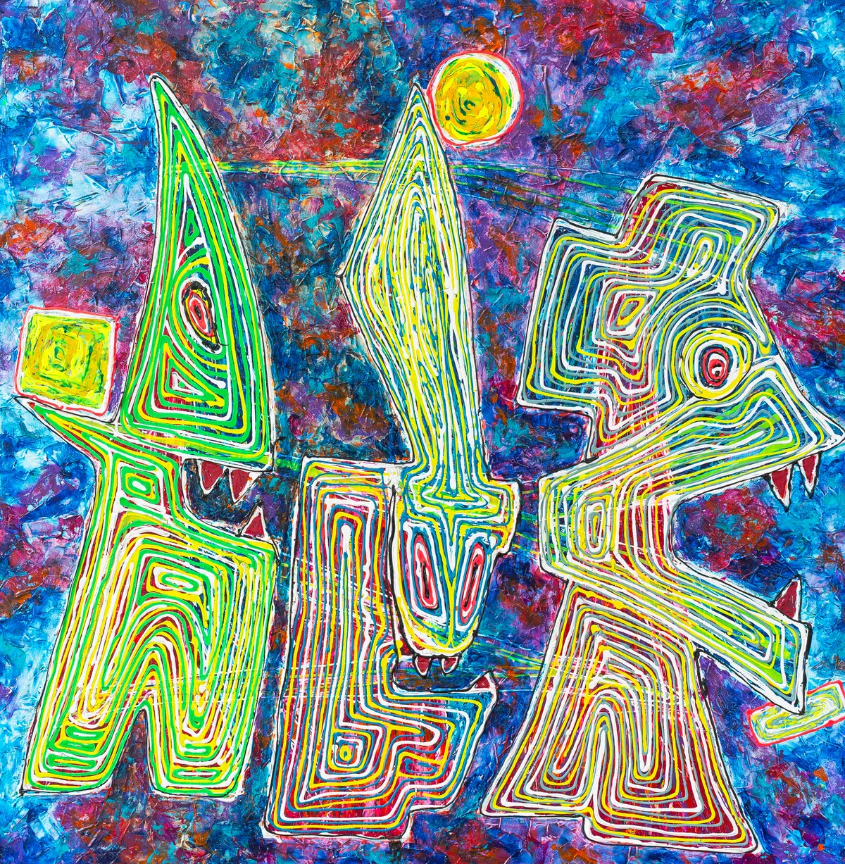Three pale king figures woven from lines with a yellow sun on a blue and red colour field