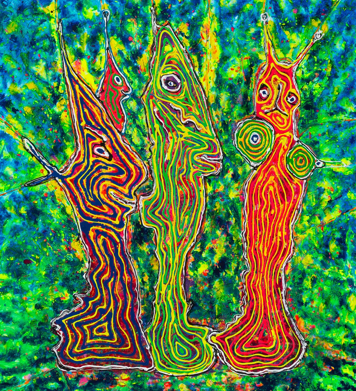 Three slender figures in red, blue and yellow built from concentric lines on a vivid green ground