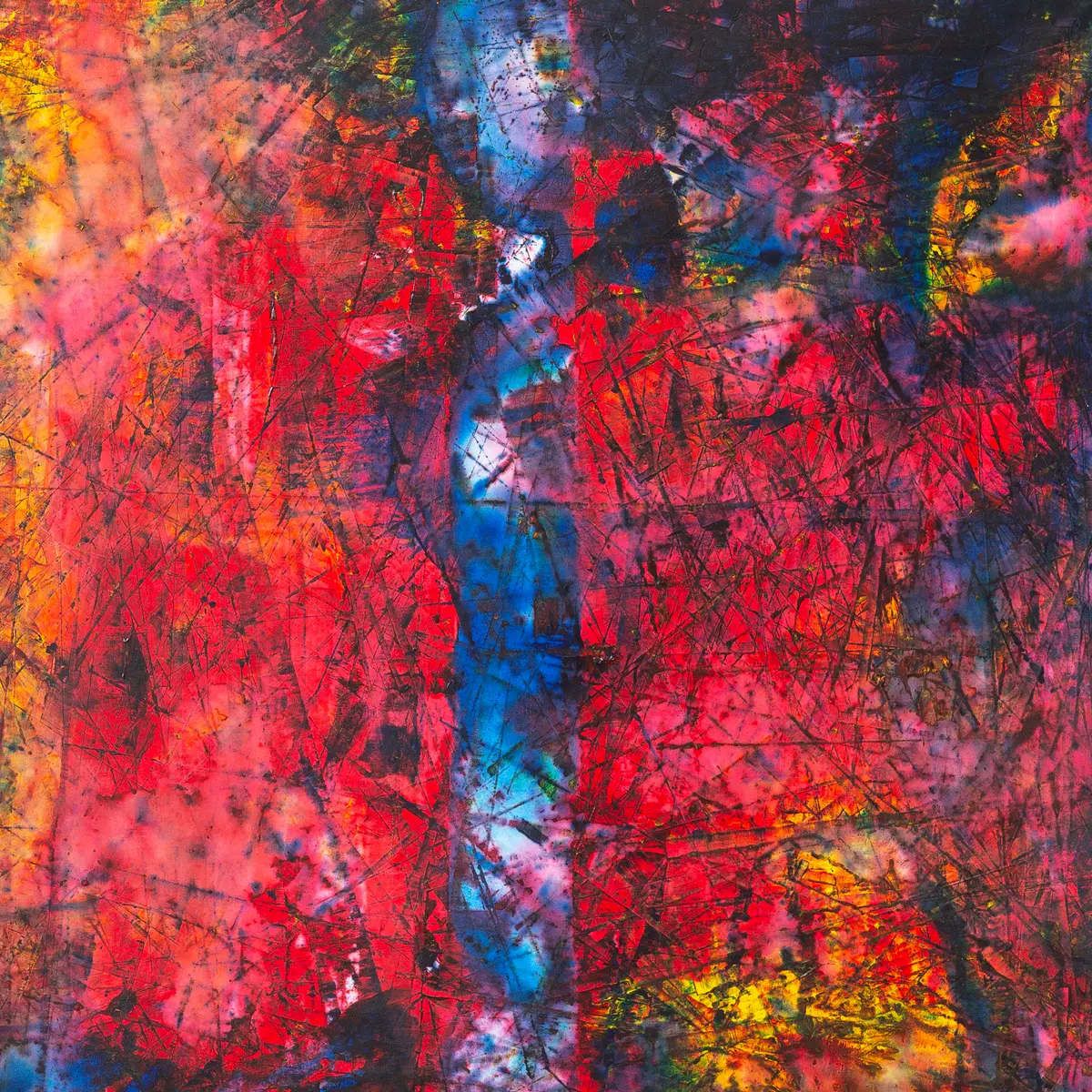 Cloudy reds, blues and violets running into one another, overlaid with fine scratched lines