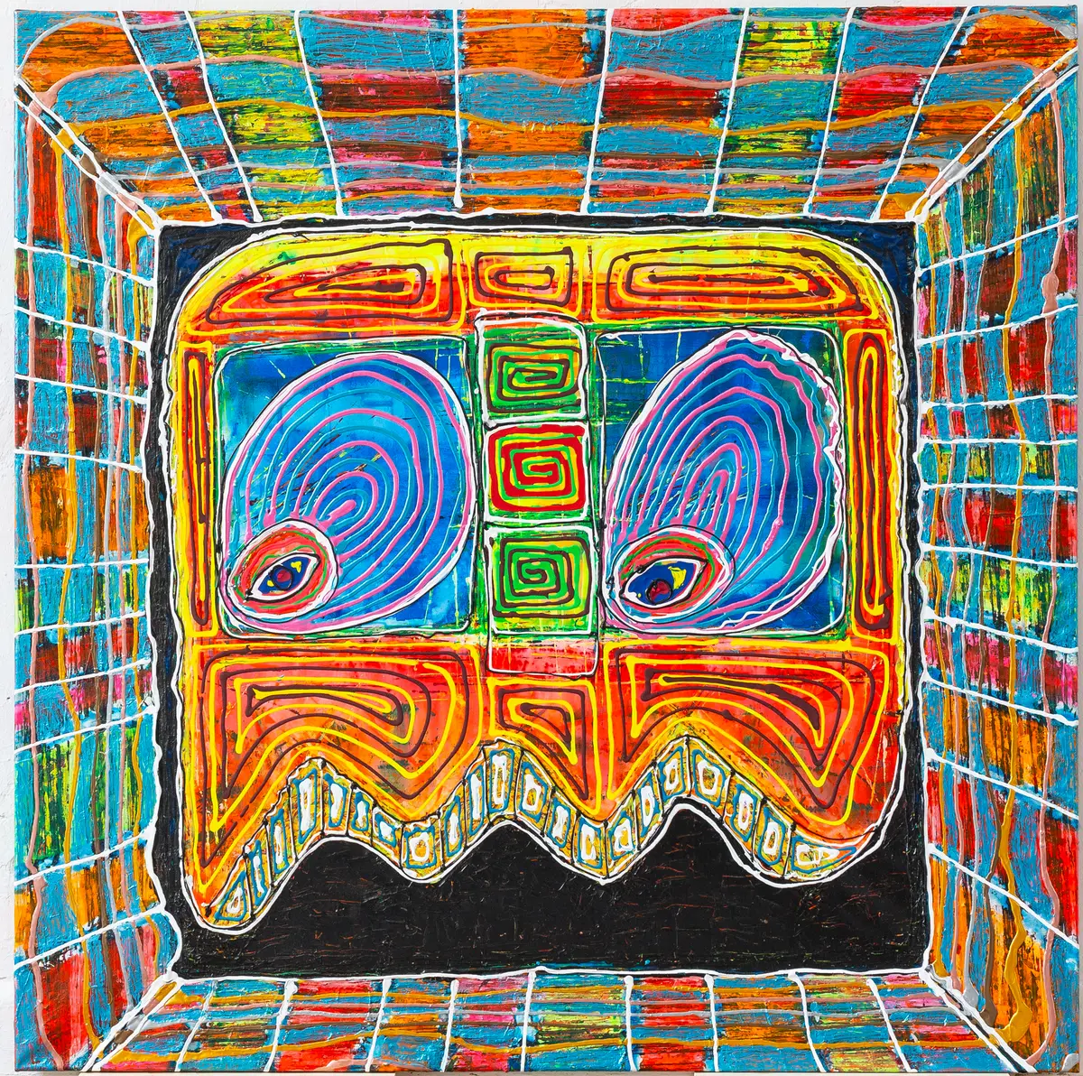 An orange-red frame pattern with two blue and pink eye shapes and a jagged row of teeth along the bottom edge