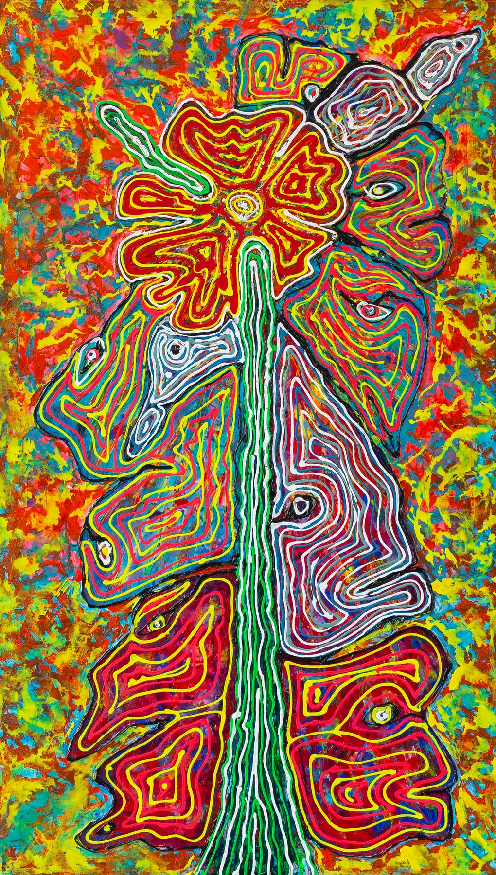 Narrow portrait format with a totem-like figure of concentric lines in orange, red and white on a green and yellow speckled ground