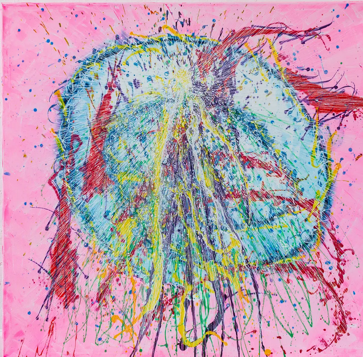 A pale blue and white radiating explosion of fine lines with red and yellow gradients on a pink ground
