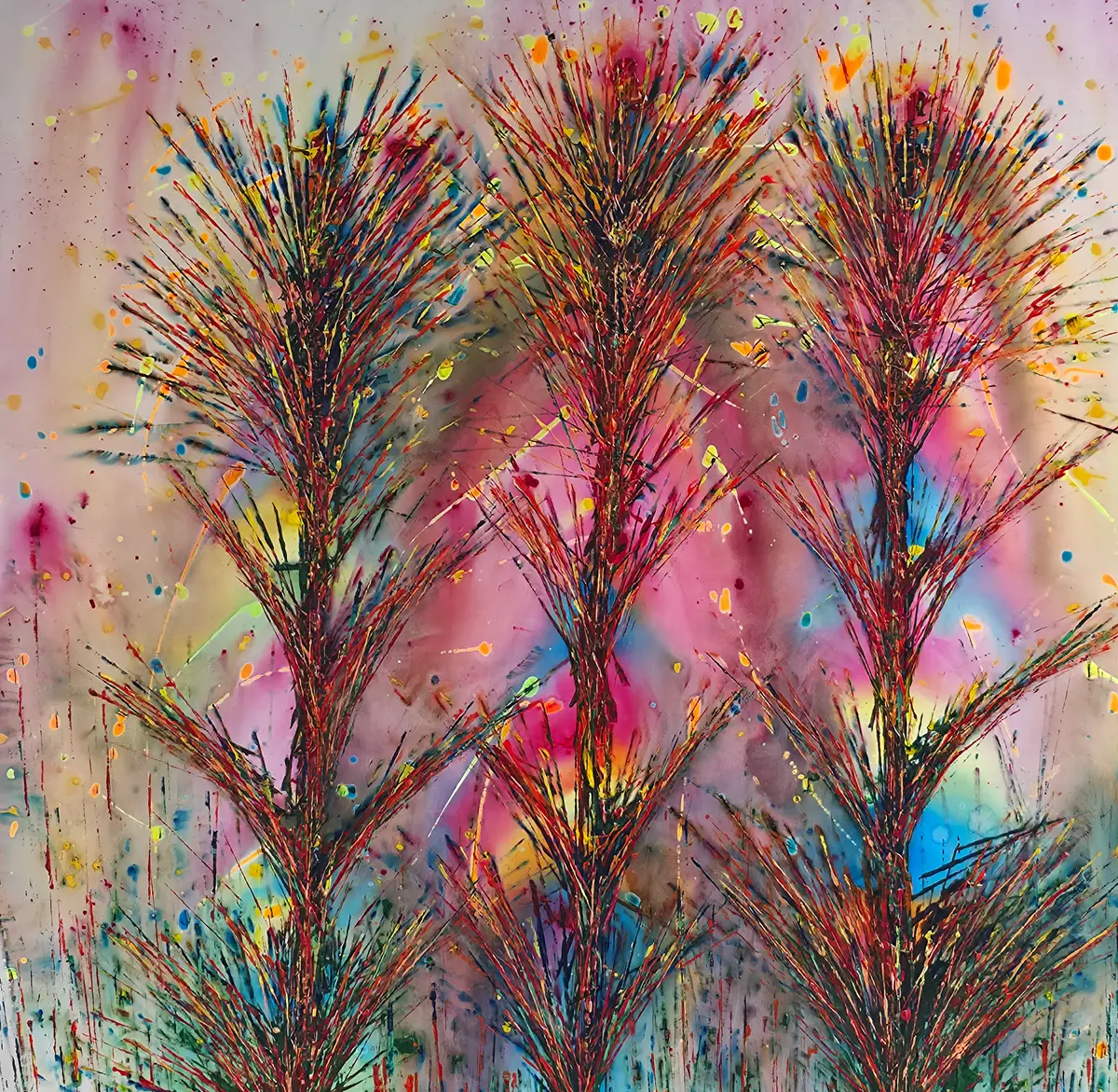 Three trees made of fine needle-like lines in red-brown on a pastel ground with colourful paint splatters
