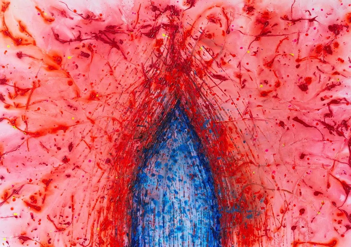 Wide format: a blue, wedge-shaped path pushes into a colour field shot through with red