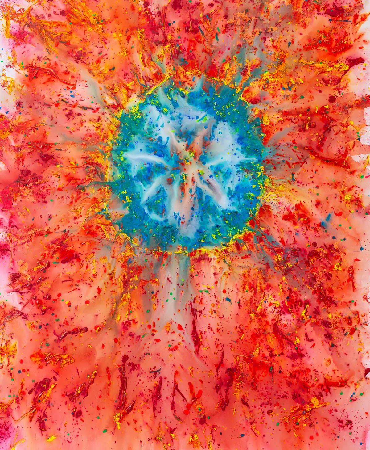 A turquoise-blue core at the centre of a red and orange radiating colour field