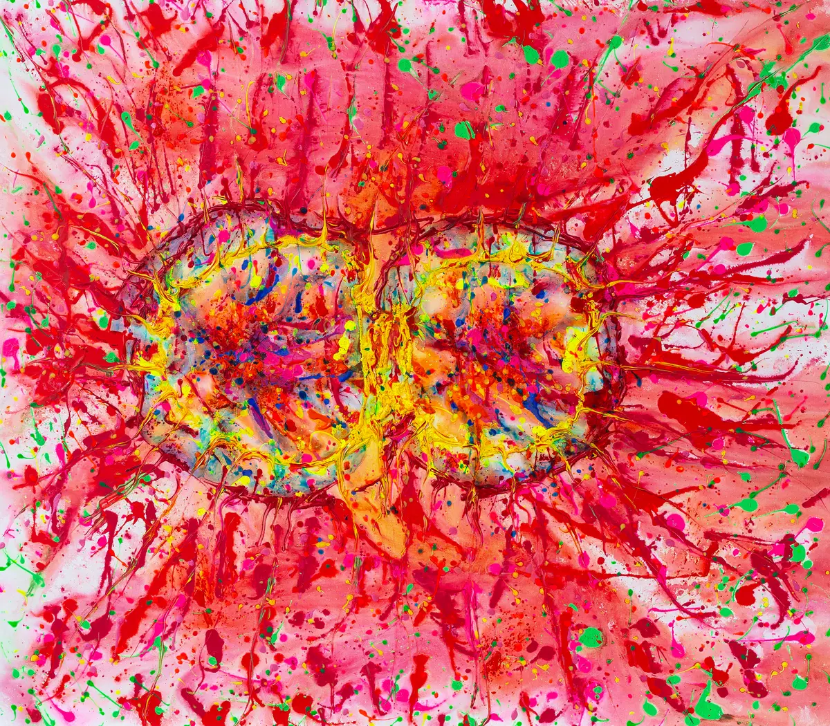 Two yellow-orange cores at the centre of a flung red colour field with green dabs