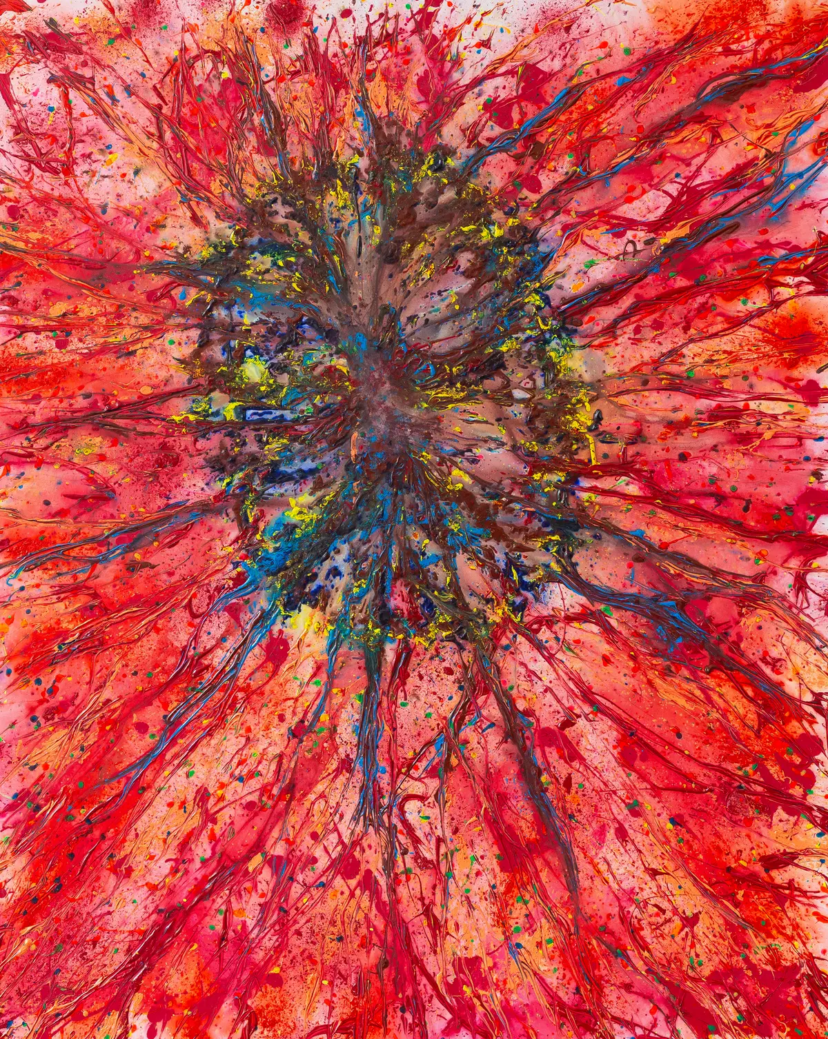 A dark core from which red and blue lines are flung outwards in all directions